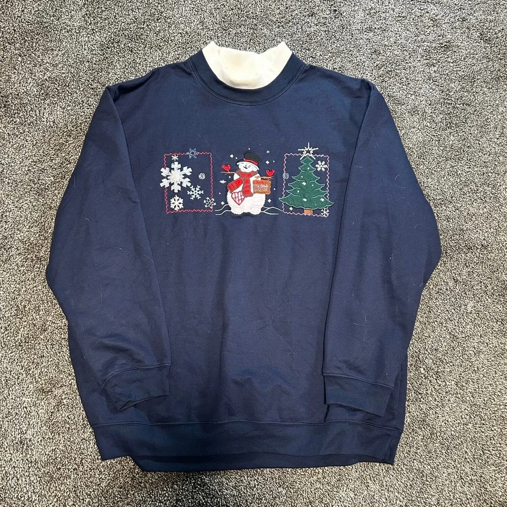 Vtg Bobbie Brooks Sweatshirt Women XL Navy Blue Excellent Snowman Christmas Tree